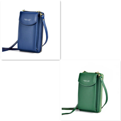 Blue and green crossbody phone purses with gold hardware and front pocket detail
