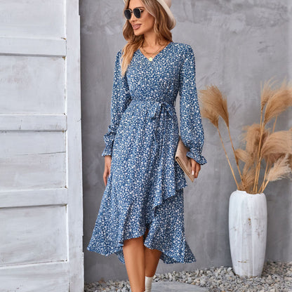 Flowers Print Long Sleeve Ruffled Commuter Temperament Dress - 16th Avenue