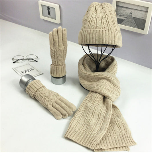 Ladies Fashion Solid Color Twist Warm Hat Scarf Glove Set