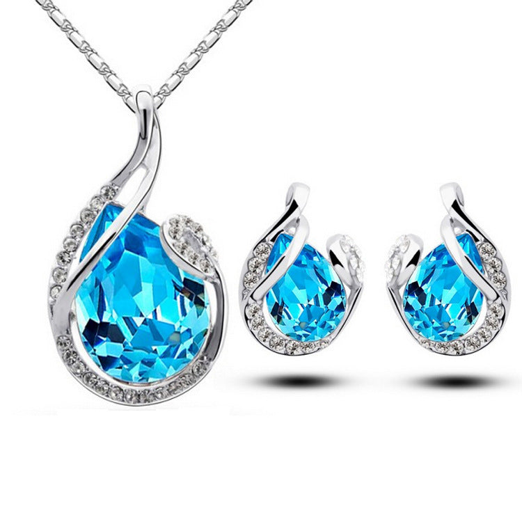 3pcs Rhinestone Necklace Set With Earrings Fashion Water-drop-shaped Jewelry For Women