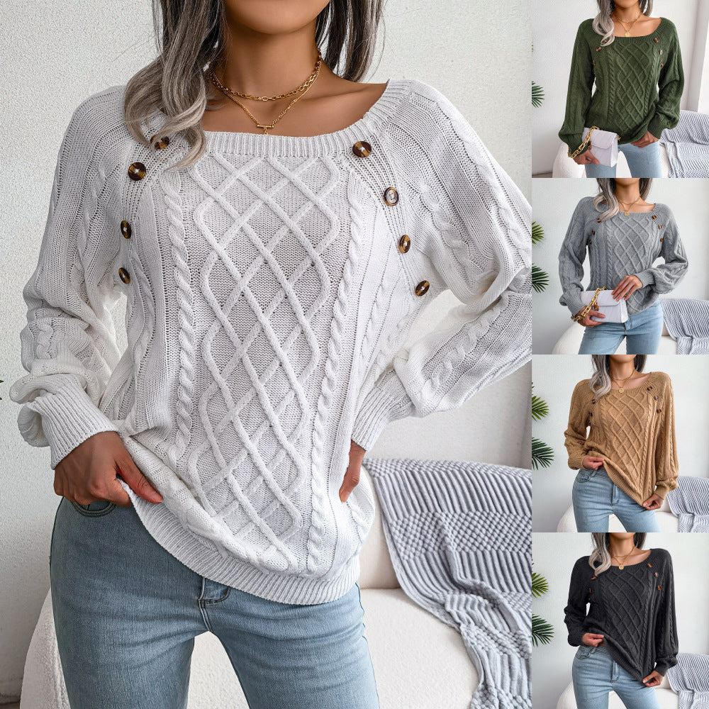 Ladies Square Neck Long Sleeve Knitted Sweater With Button Design