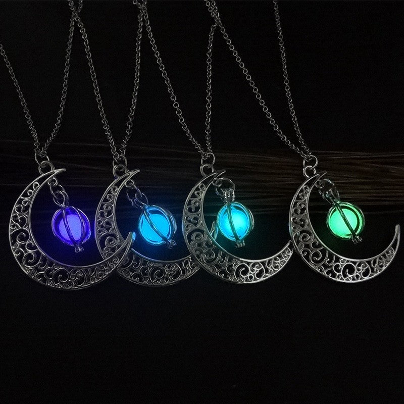 Women Fashion Moon Natural Glowing Stone Healing Necklace Luminous Pendant Jewelry