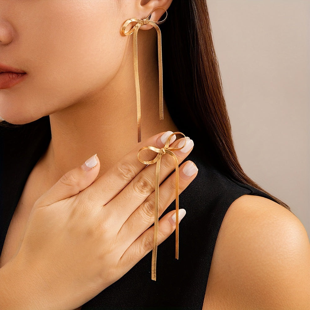 18k Gold Plated Stainless Steel Herringbone Bow Earrings
