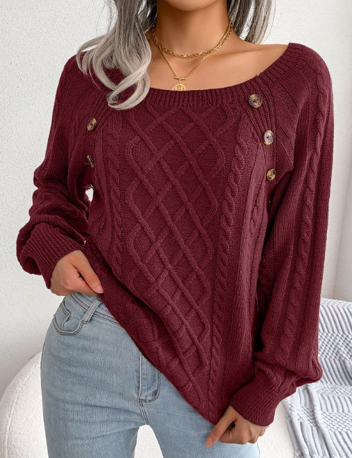 Ladies Square Neck Long Sleeve Knitted Sweater With Button Design