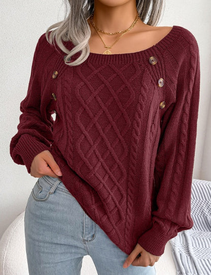 Ladies Square Neck Long Sleeve Knitted Sweater With Button Design