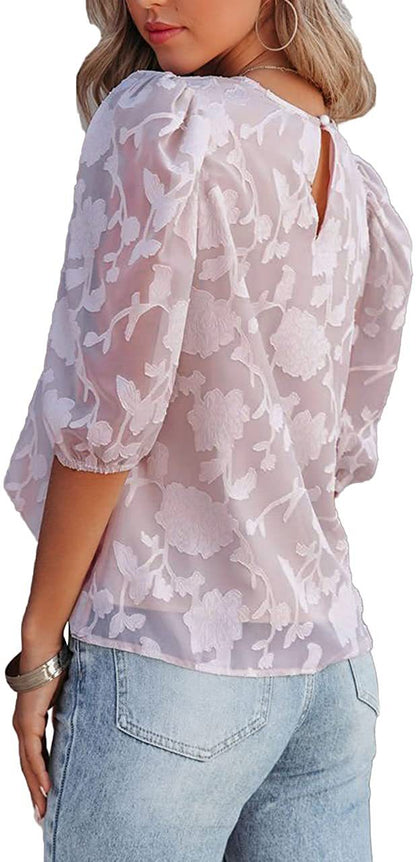 Puff Sleeve Chiffon Loose Top Flower Texture Shirt - 16th Avenue
