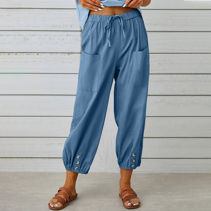 Women's Drawstring Spring Summer Cotton And Linen Trousers With Pockets Button - 16th Avenue