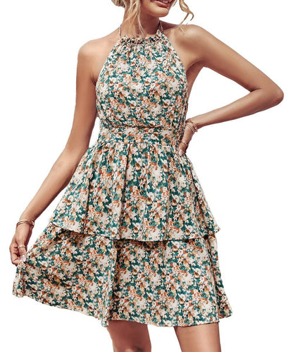 Summer Printed Halter Fashion Boho Backless Ruffled A-Line Beach Dress - 16th Avenue