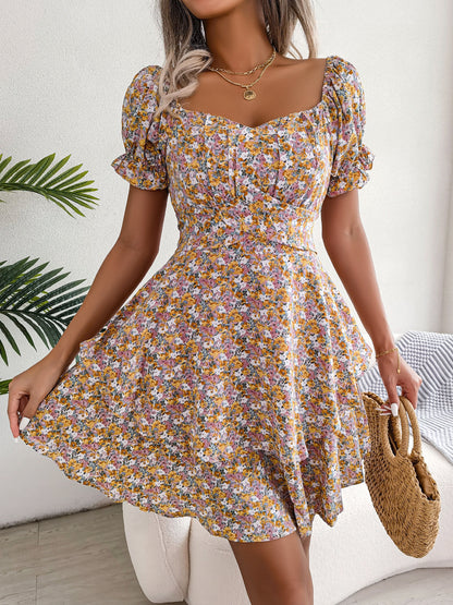Women Mini Dress Temperament Big Swing Loose Hem Flower Print - 16th Avenue