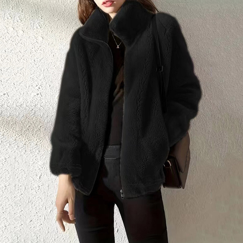 Double Faced Fleece Warm High Neck Women's Cardigan Sweater