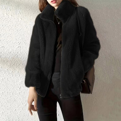 Double Faced Fleece Warm High Neck Women's Cardigan Sweater