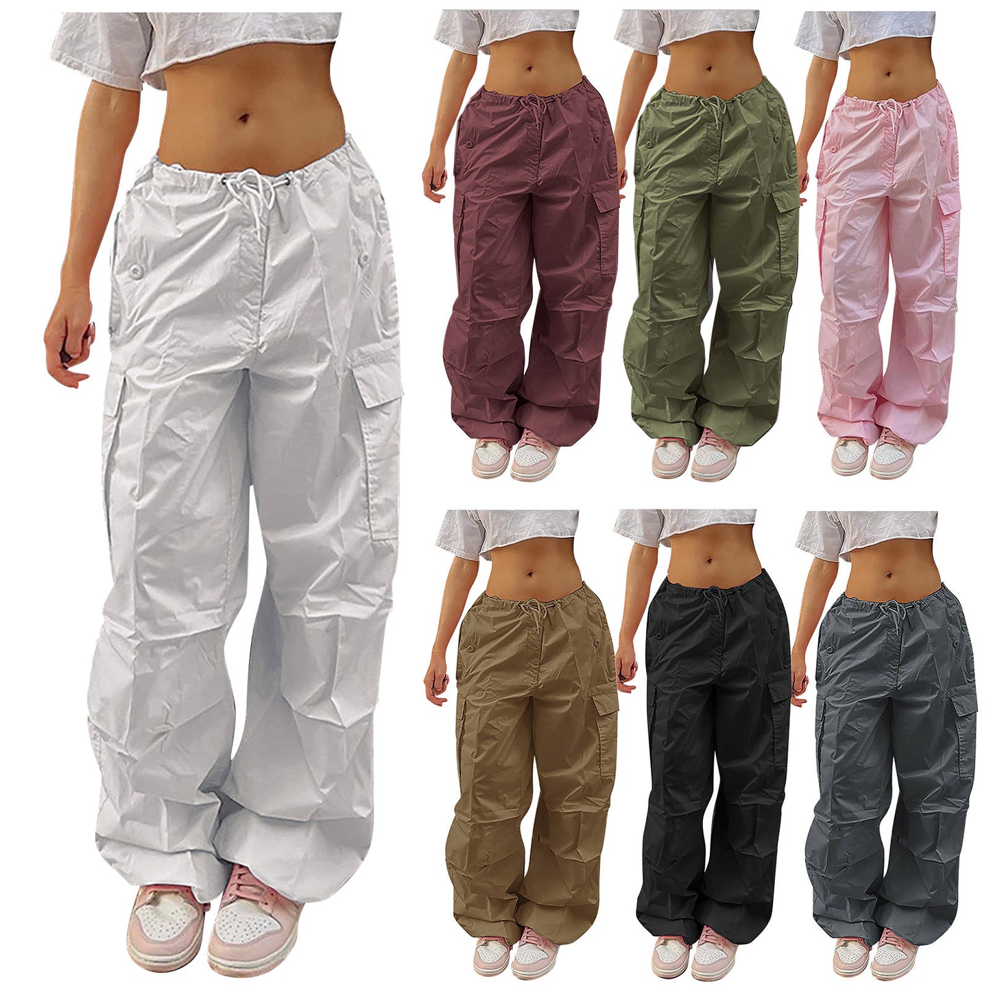 Casual Solid Color Drawstring Cargo Pants Pocket Design Street Fashion