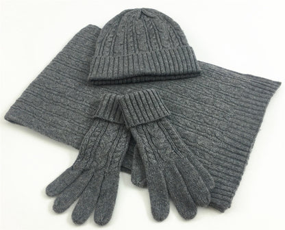 Ladies Fashion Solid Color Twist Warm Hat Scarf Glove Set