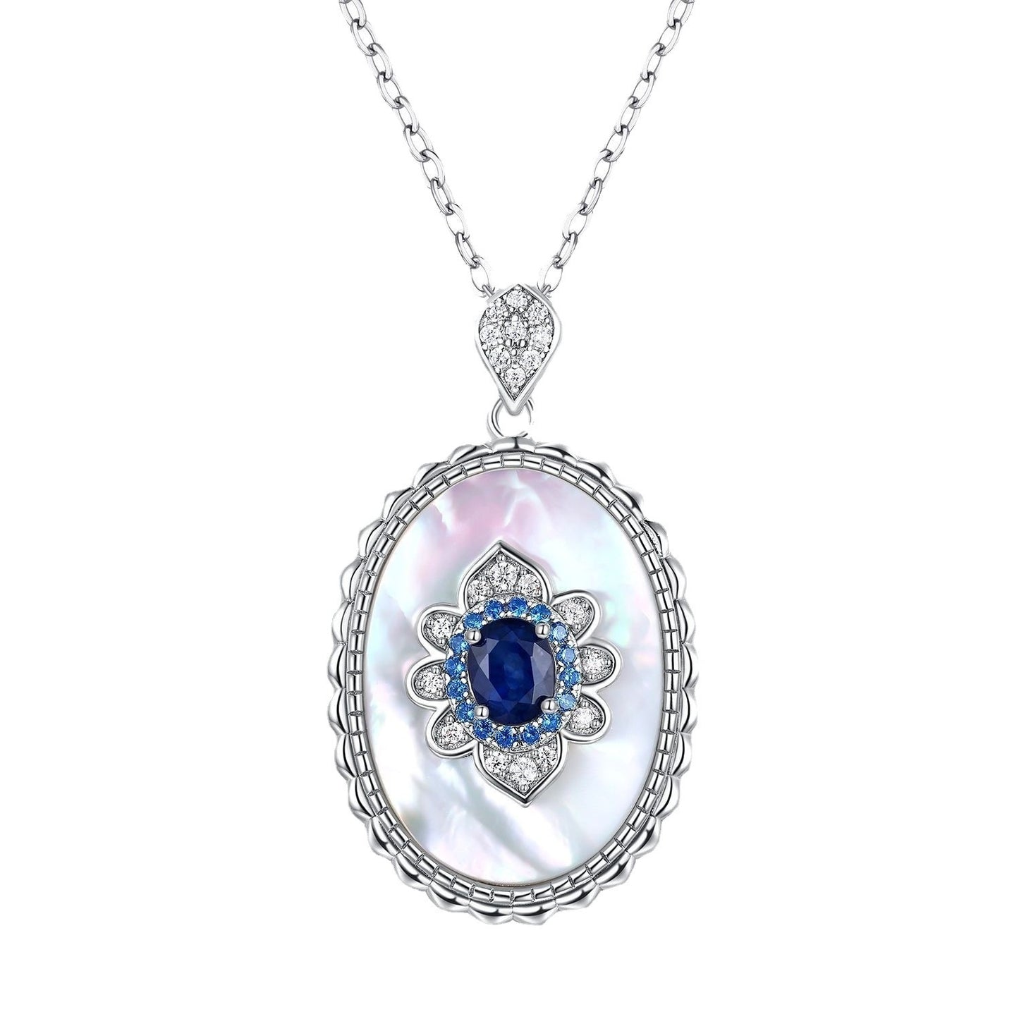 Sapphire Diamond Pendant 925 Sterling Silver Chain Necklace