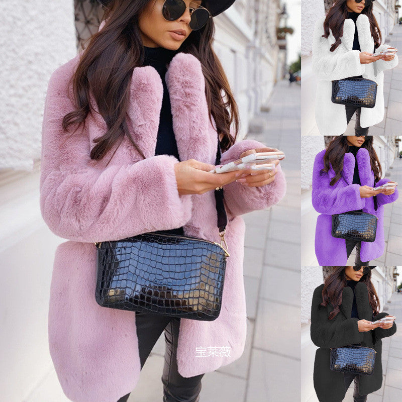 Temperament Long Sleeve Lapel Faux Fur Coat