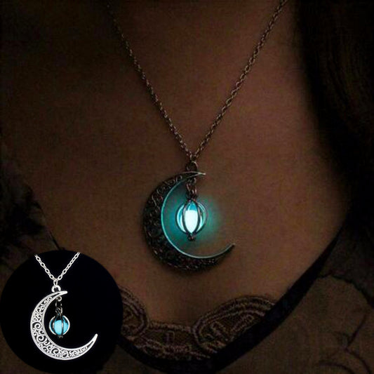 Women Fashion Moon Natural Glowing Stone Healing Necklace Luminous Pendant Jewelry