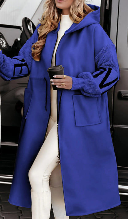 Women's Hooded Long Jacket Knit-Sleeved Trench Coat