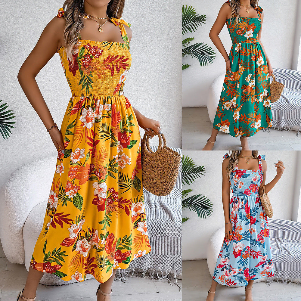 Flowers Print Spring Summer Suspender Corset Dress