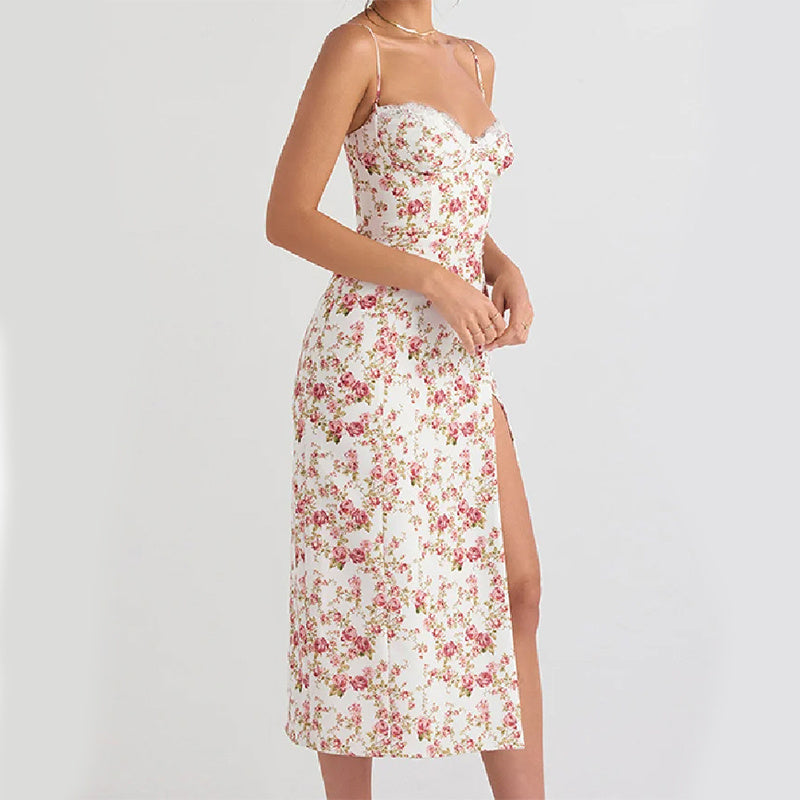 Summer Lace Flowers Print Long Sexy Fashion Slit Suspender Dress