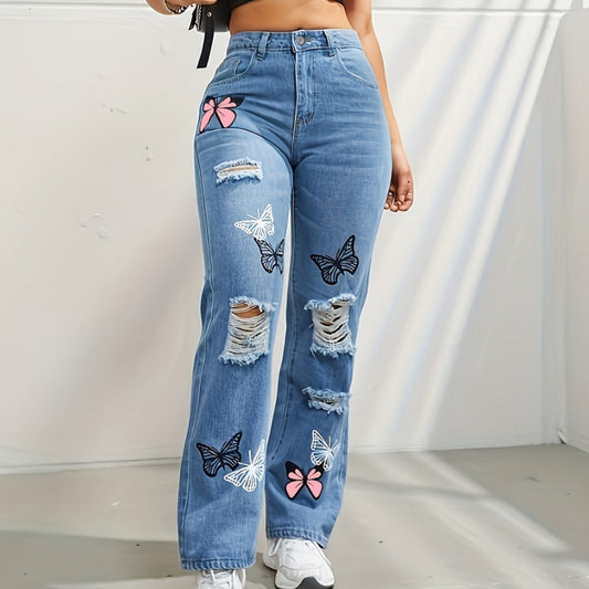 Women's High Waisted Butterfly Print Straight Leg Jeans