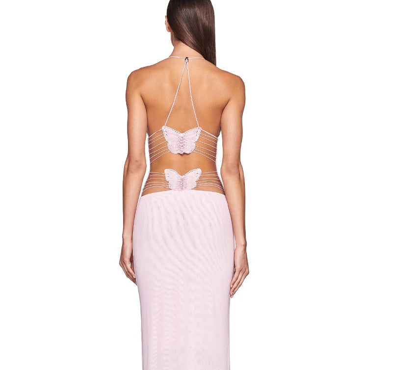 Sexy Spring Summer Floral Print Halter Spaghetti Strap Butterfly Back Dress