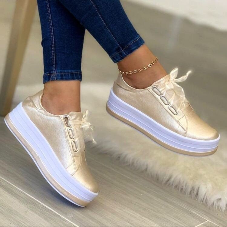 Fashion Flats Women's Ribbon Lace-up Platform Sneakers