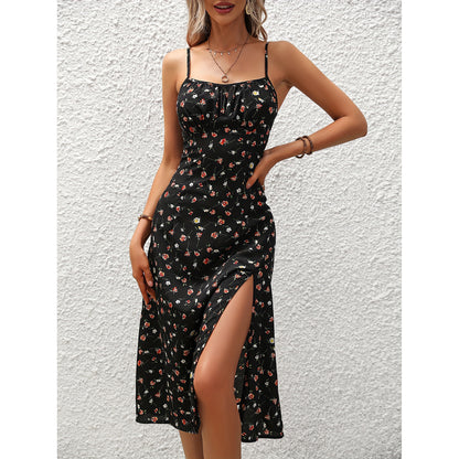 New Polka Dot Print Suspender Sexy Slit Summer Long Dress - 16th Avenue