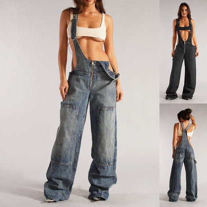Y2K Zipper Denim Overalls Streetwear Fashion Loose Suspender Jumpsuit - 16th Avenue