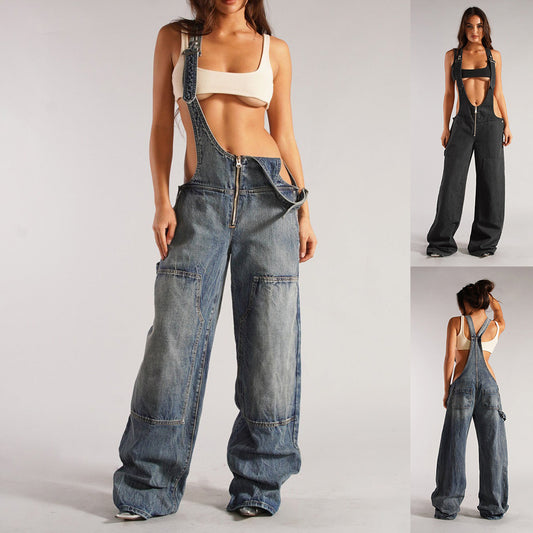 Y2K Zipper Denim Overalls Streetwear Fashion Loose Suspender Jumpsuit