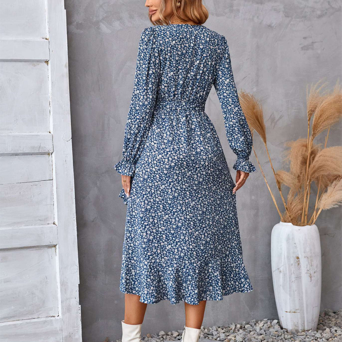 Flowers Print Long Sleeve Ruffled Commuter Temperament Dress