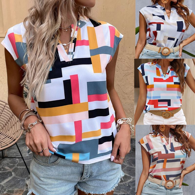 Digital Print Doll Sleeve V-Neck Top