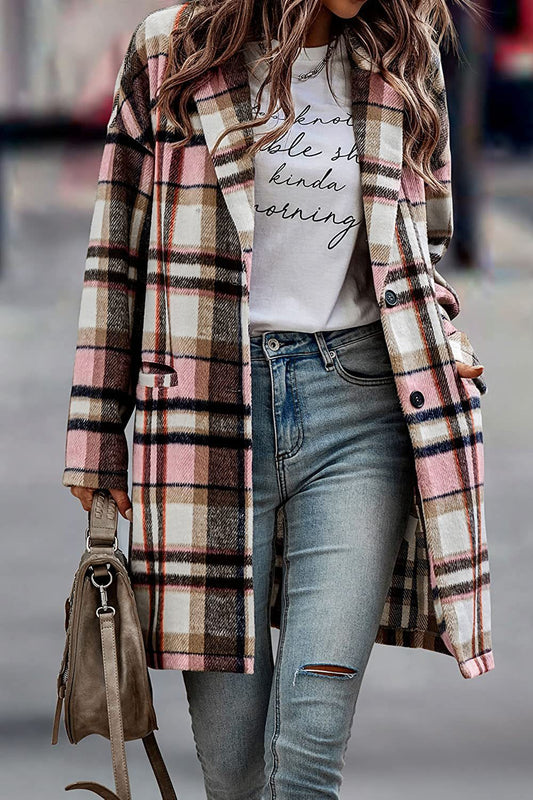 Fashion Plaid Long Jacket Autumn And Winter Turndown Collar Woolen Coat