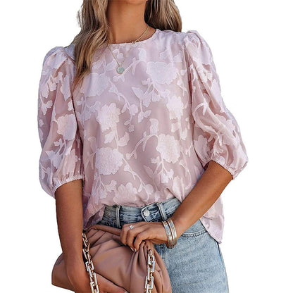 Puff Sleeve Chiffon Loose Top Flower Texture Shirt - 16th Avenue