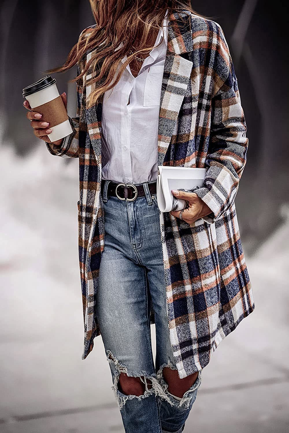 Fashion Plaid Long Jacket Autumn And Winter Turndown Collar Woolen Coat