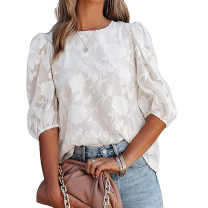 Puff Sleeve Chiffon Loose Top Flower Texture Shirt - 16th Avenue