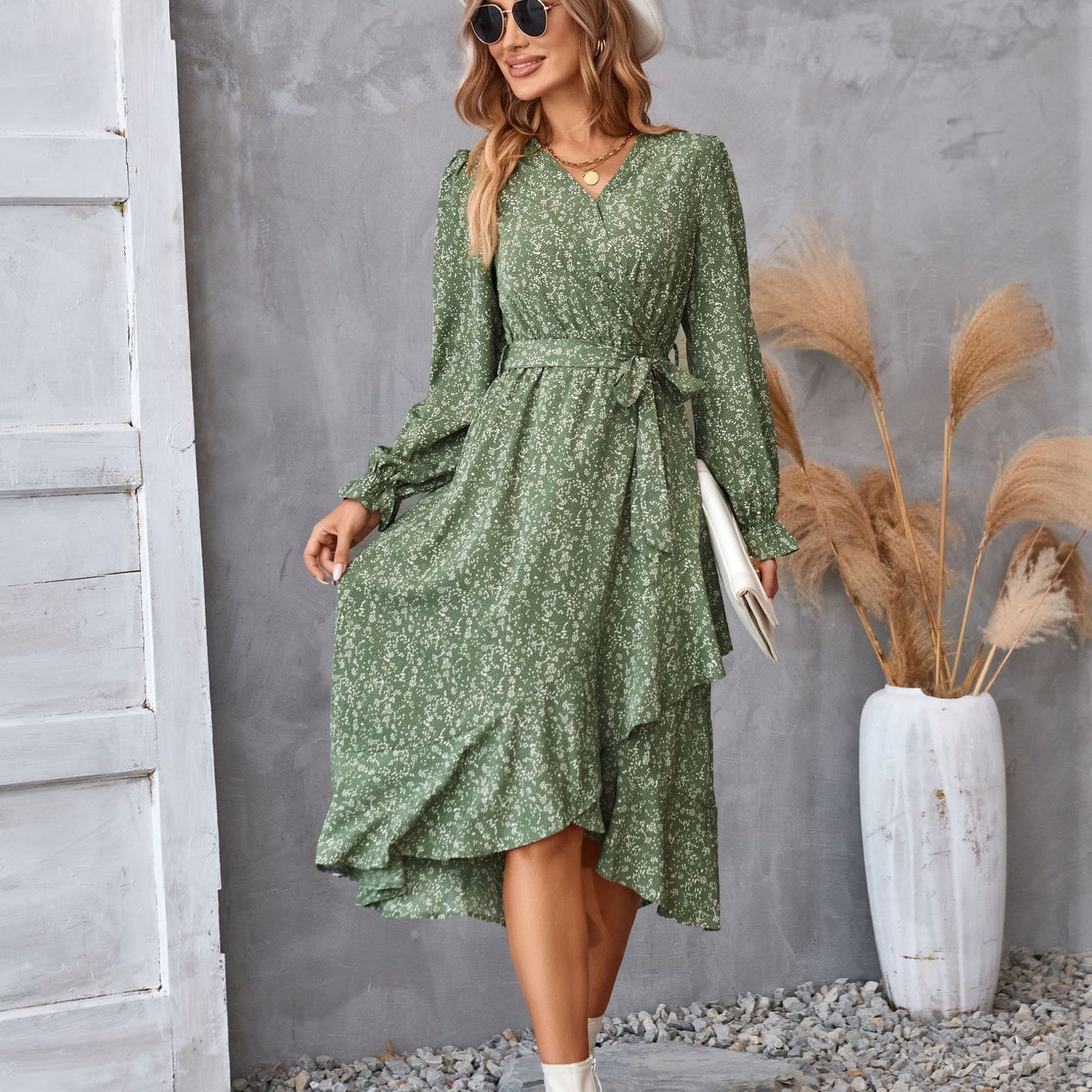Flowers Print Long Sleeve Ruffled Commuter Temperament Dress