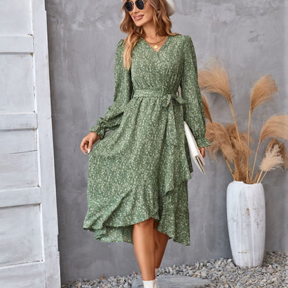 Flowers Print Long Sleeve Ruffled Commuter Temperament Dress - 16th Avenue