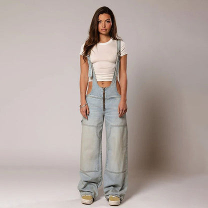 Y2K Zipper Denim Overalls Streetwear Fashion Loose Suspender Jumpsuit - 16th Avenue