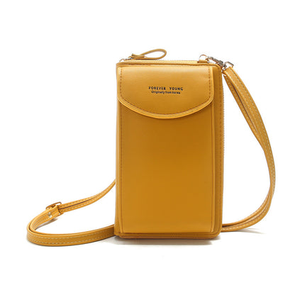 Mustard yellow crossbody phone bag with strap, Forever Young logo, minimalist design