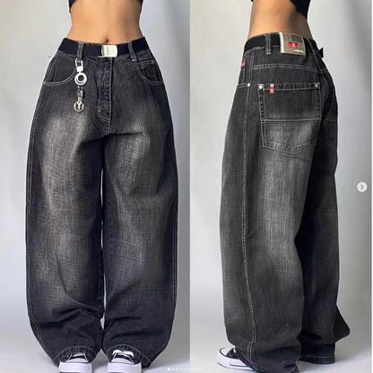 High Waist Retro Distressed Black Gray Wide-leg Jeans - 16th Avenue
