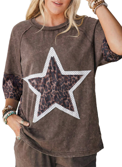 16th Avenue Five-pointed Star Leopard Print Old T-shirt - Women's Clothing