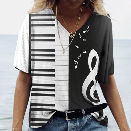 Women's Printed Oversized V Neck Pullover T-Shirt