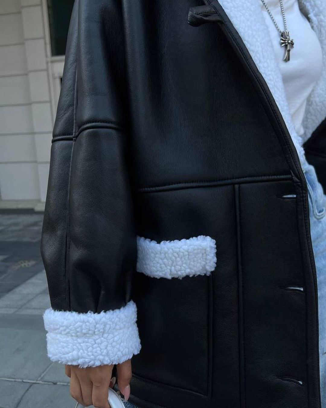Women's Korean Style Leather And Fur Long Sleeve Coat