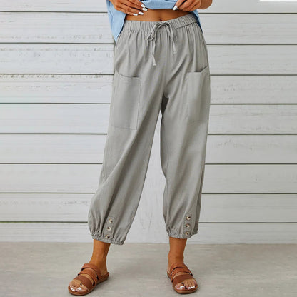 Women's Drawstring Spring Summer Cotton And Linen Trousers With Pockets Button - 16th Avenue