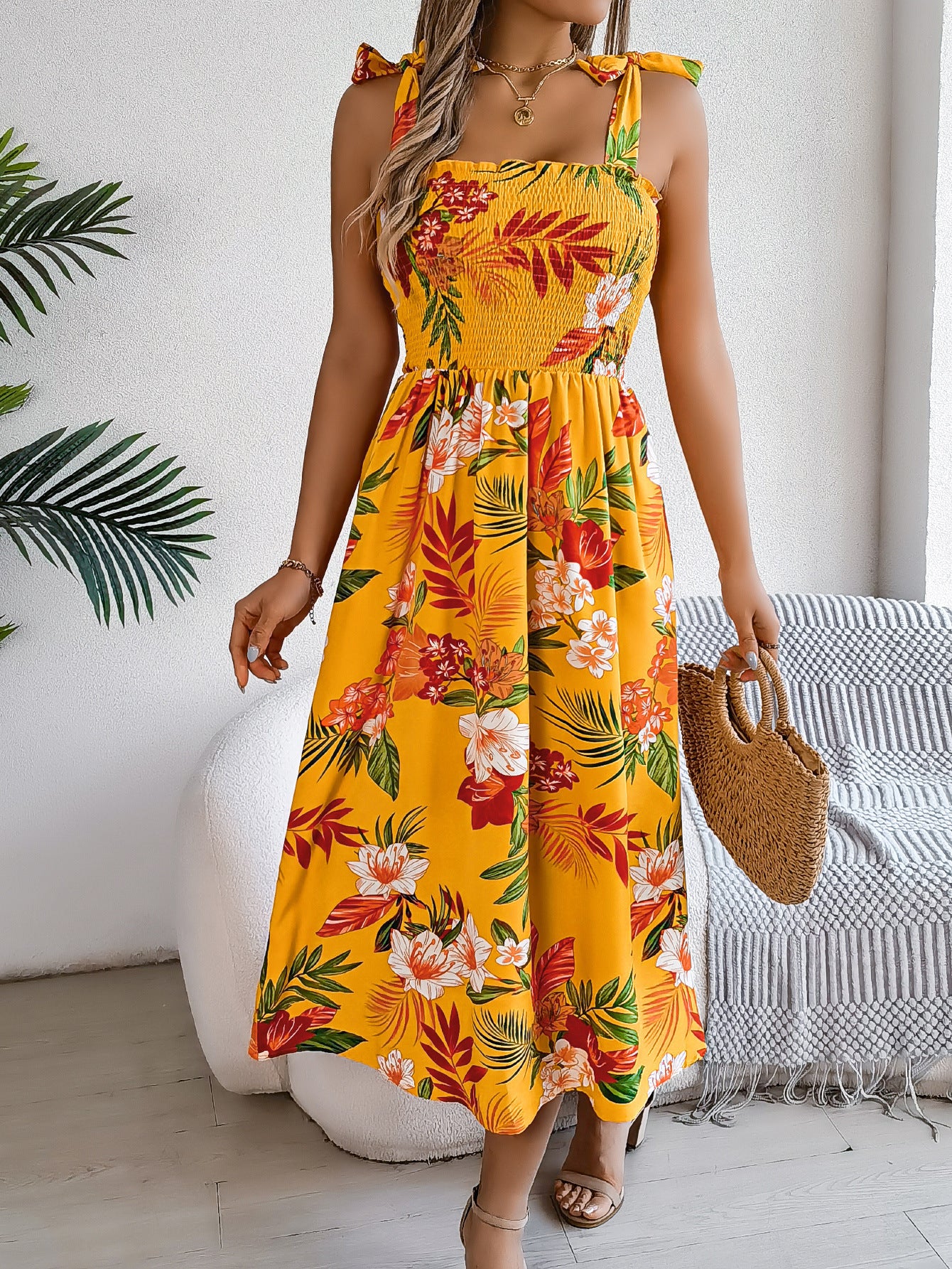 Flowers Print Spring Summer Suspender Corset Dress