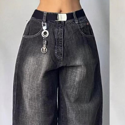 High Waist Retro Distressed Black Gray Wide-leg Jeans - 16th Avenue