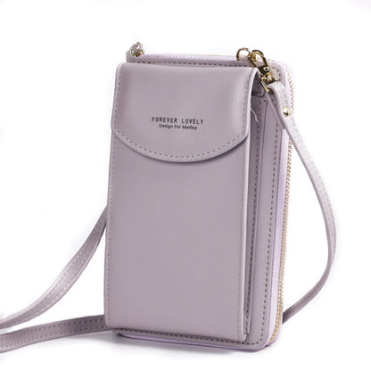 Light purple crossbody phone wallet with gold zipper and 'Forever Lovely' text on flap