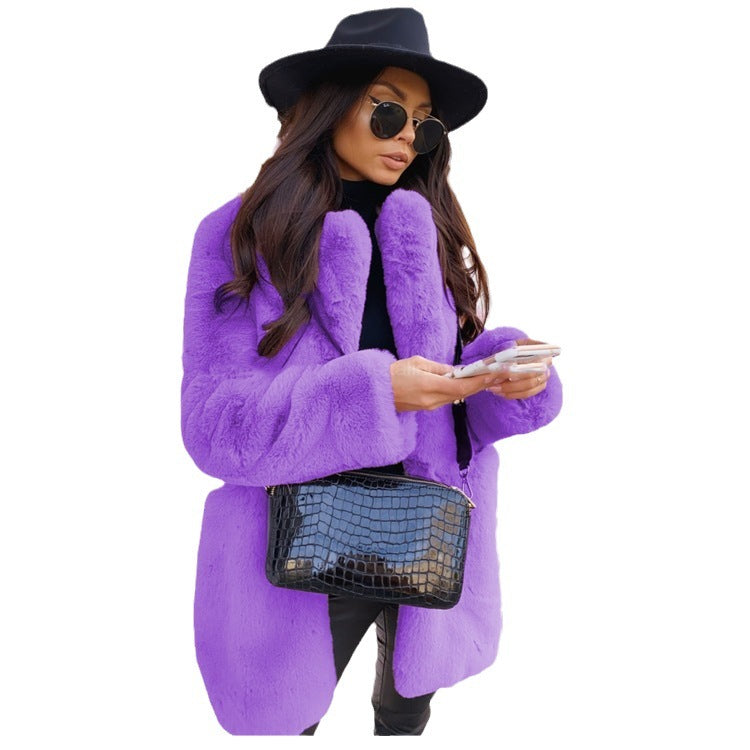Temperament Long Sleeve Lapel Faux Fur Coat