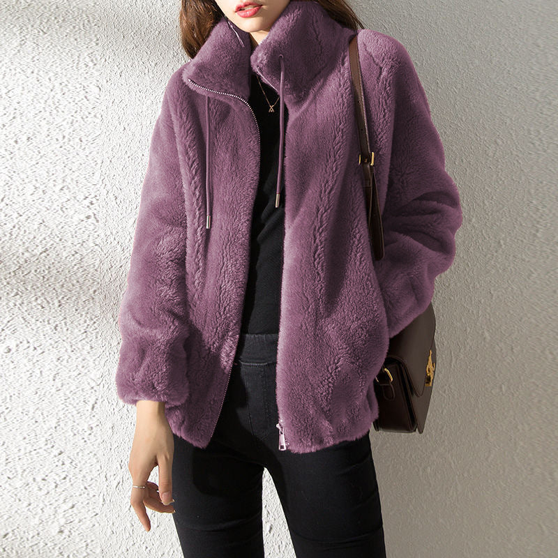 Double Faced Fleece Warm High Neck Women's Cardigan Sweater