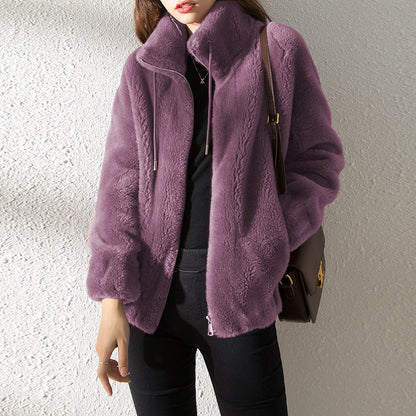 Double Faced Fleece Warm High Neck Women's Cardigan Sweater